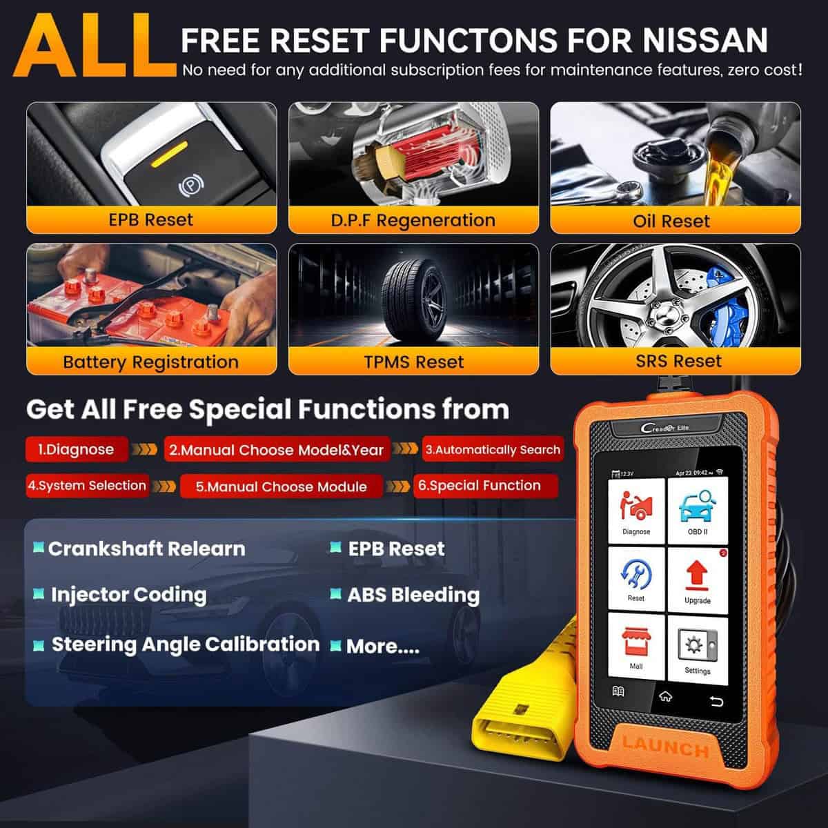 Diagnostični tester Launch X431 Creader Elite – brezplačne reset funkcije za Nissan